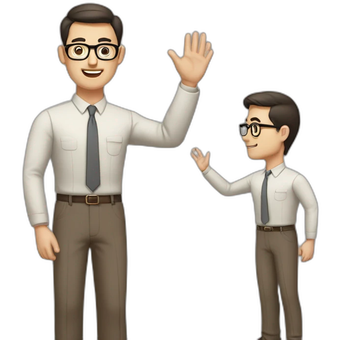 Full height Actively gesturing with hands Pale skinned fit man with dark brown hair in gray jacket, beige office shirt, brown tie, brown pants and vintage glasses. emoji