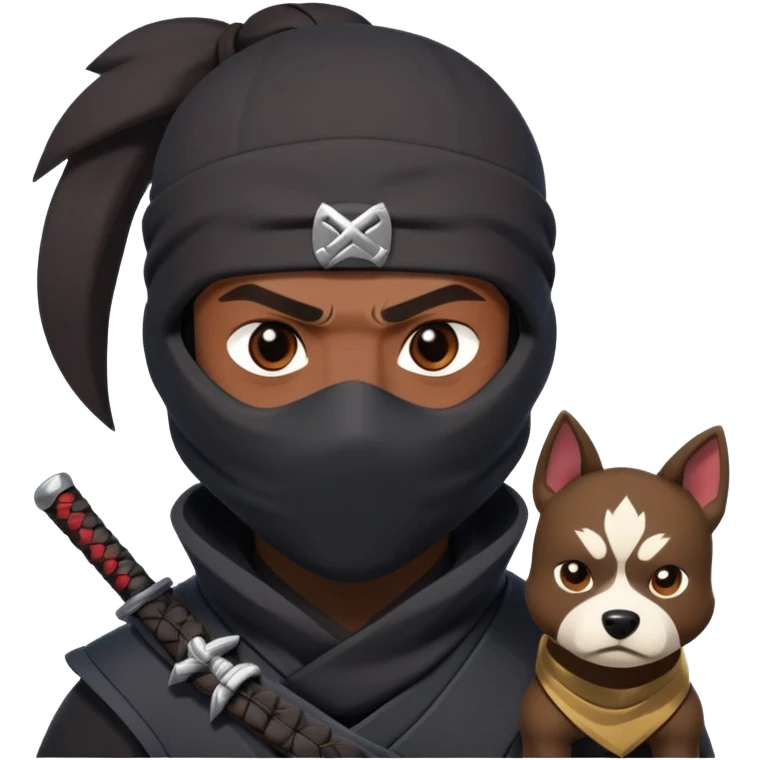 clash-of-clans-aesthetic_-cinematic-mysterious-male-ninja-portrait-emoji, rendered in a flat, vector-style with minimal shading and bold, simplified shapes,   with a head slightly turned revealing intense, focused eyes. the ninja is accompanied by a Ninken dog emoji