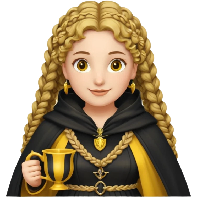 Helga Hufflepuff, 2 curly thick brown braids, yellow-black medieval dress, black cloak decorated with gold braiding, tiny two-handled shiny yellow-gold cup, very kind smile, curvy busty sweet woman, thick rosy cheeks emoji
