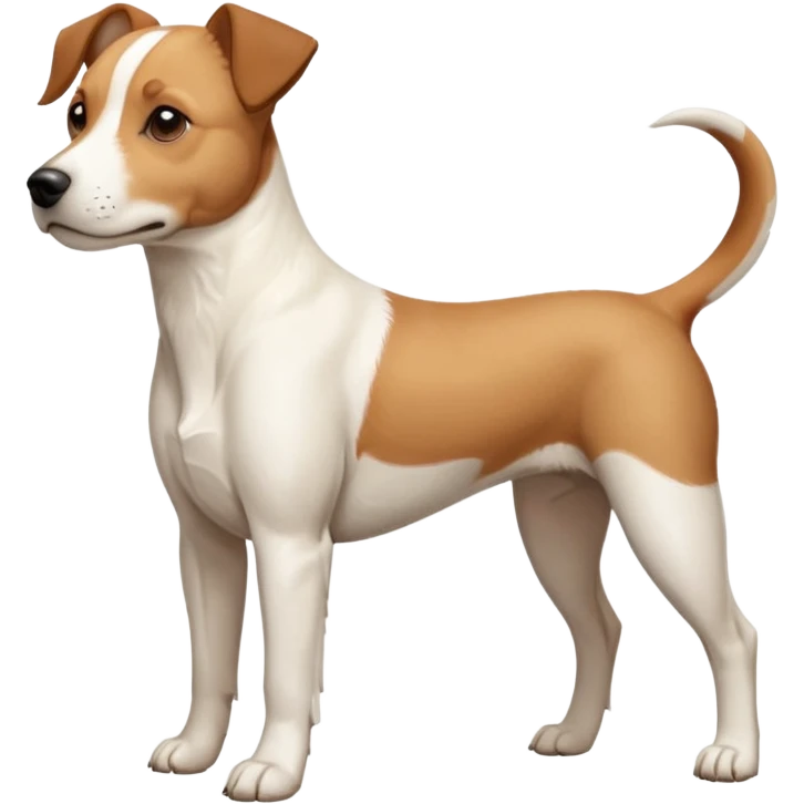 a full body facing front on of a buff white beagle cross jack russell terrier looking dog the size of a kelpie with light brown long ears resting on its face and a light brown patch above one eye and a large snout. the rest of the dog is completely white.  emoji