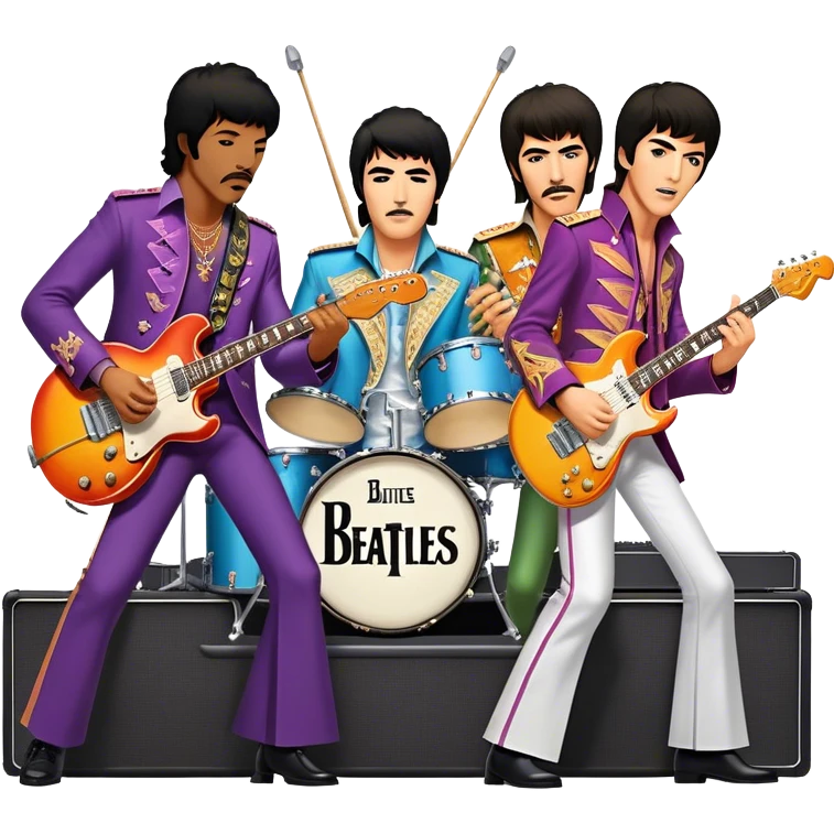 Rock music icon: vibrant stage with electric guitars, drums, and amplifiers. Collage of rock legends—The Beatles, Jimi Hendrix, and Elvis Presley—capturing the rebellious spirit and timeless energy of rock music. Transparent background. emoji