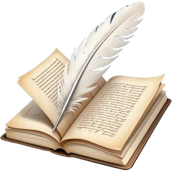 Create a poetic and elegant emoji representing poetry. The design should feature several, gracefully flying pages with short, poetic columns written on them. A white feather quill should be depicted writing on one of the pages, with ink flowing smoothly. The pages should have a soft, antique look, with subtle details to convey the delicate nature of poetry. Use soft, light colors with a romantic, airy feel. Make the background transparent. emoji