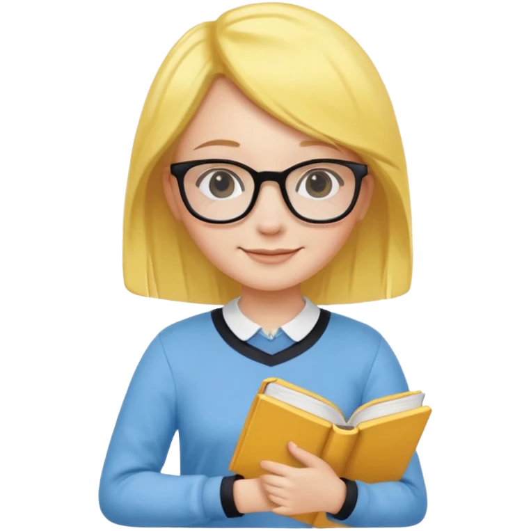 A smart and cute girl with yellow bobbed hair, wearing sky blue clothes,
I hold a book in one arm. There is a pen in the book.
He is wearing black-rimmed glasses and smiling brightly. emoji