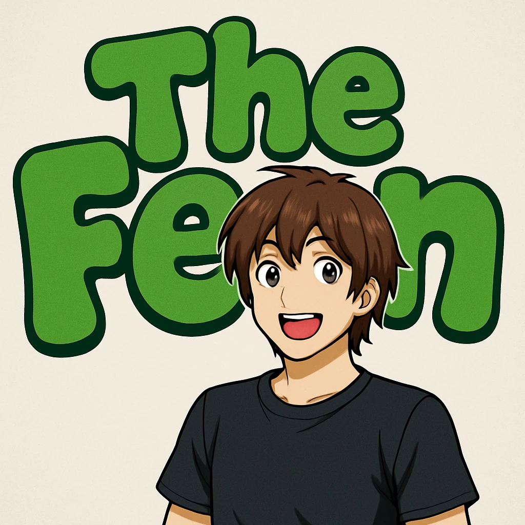 green bubble letters that say 'The Fern', playful and bold, with a fun, inviting vibe. A brunette anime man with medium-length brown hair, expressive anime face, and a black t-shirt (no jacket) stands in front of the letters. emoji