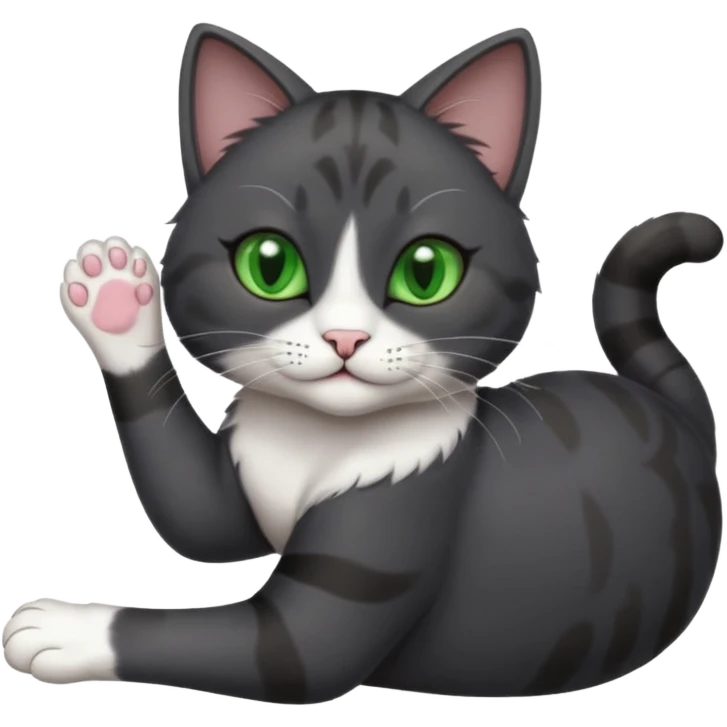 beautiful female solid dark grey cat with green eyes, white toes/paws and white patch on her chest playfully rolling upside down emoji