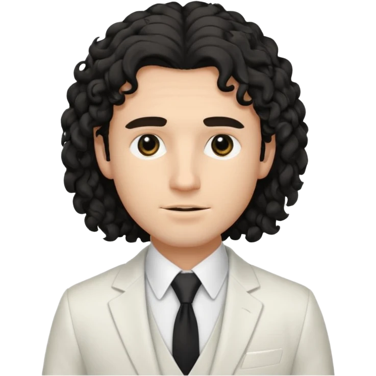 Cockasian guy with black long curly hair thats on his face and black eyes wearing a White simple suit guy  emoji