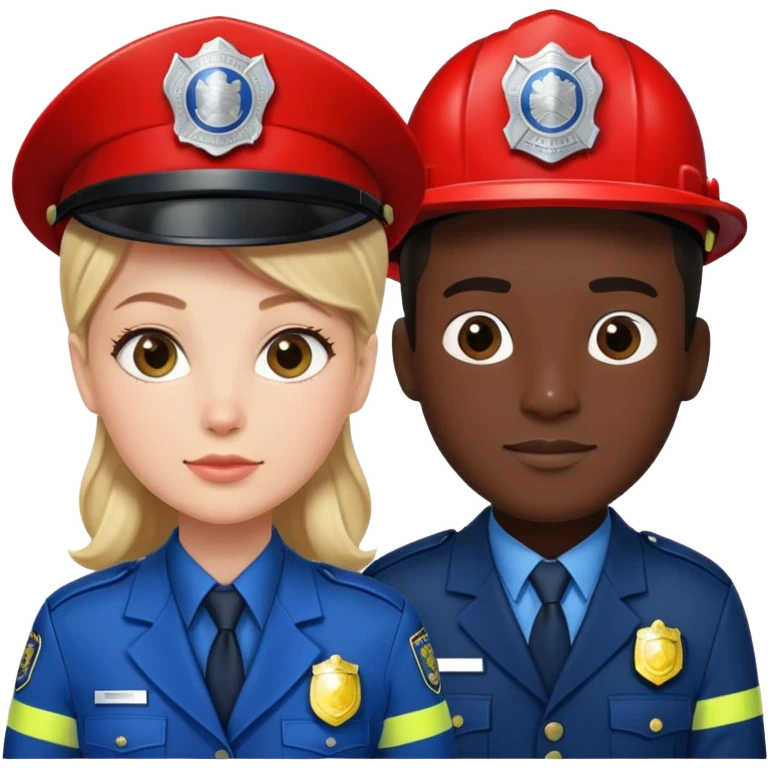 female white policeman in a blue suit and male black fireman in a red suit emoji