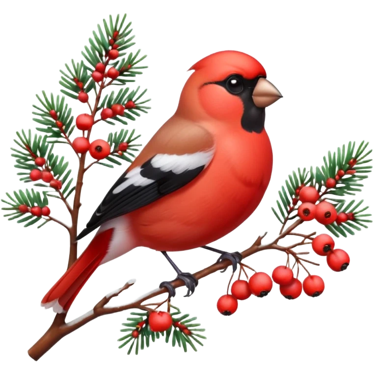 3D emoji of a bright red bullfinch bird (Snegir) sitting on a pine branch covered in fluffy white snow and red frozen rowan berries. Vibrant colors, soft feathers texture, glossy 3D icon style, Apple aesthetic, isolated on a solid white background, studio lighting. emoji