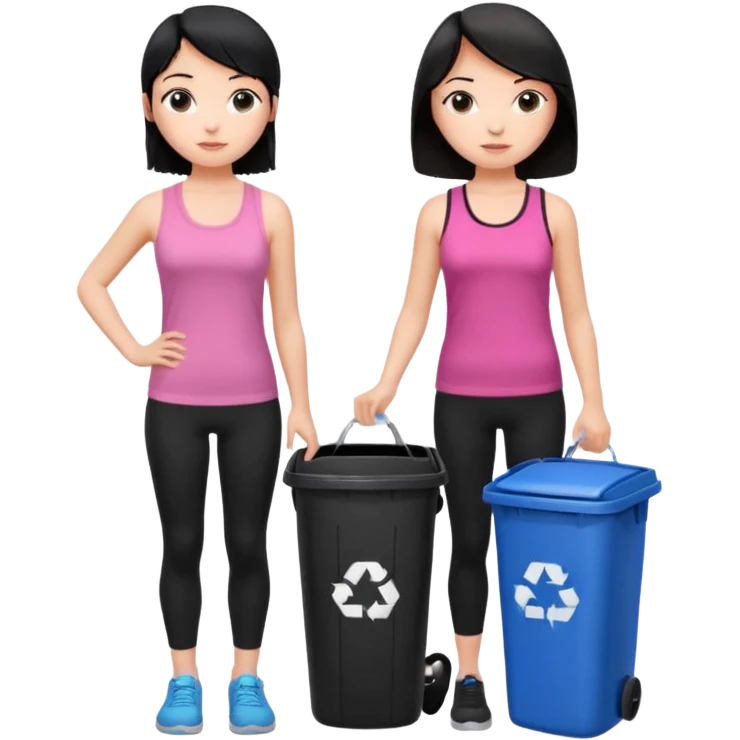 generate a genmoji of a black haired girl in a pink tank top and black leggings holding a black trash bag. Standing with her is a brunette girl in a similar blue tank top and black leggings.
Standing in front of a dustbin emoji