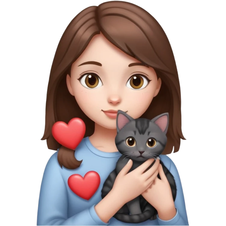 Girl with brown hair holding a grey and black kitten with,  love hearts around them like this emoji 🥰 emoji