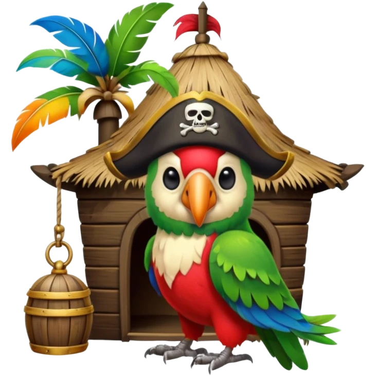 frontal view of an only Flying pirat parrot with a pirat hut. no other objects emoji