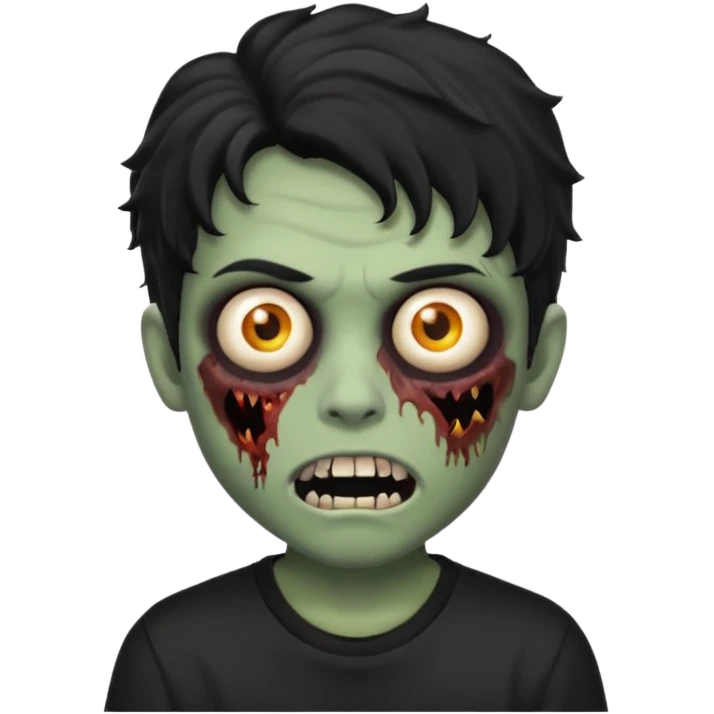 a boy with wavy hair, a zombie-shaped mouth piercing hum, and black hair with a black shirt too emoji