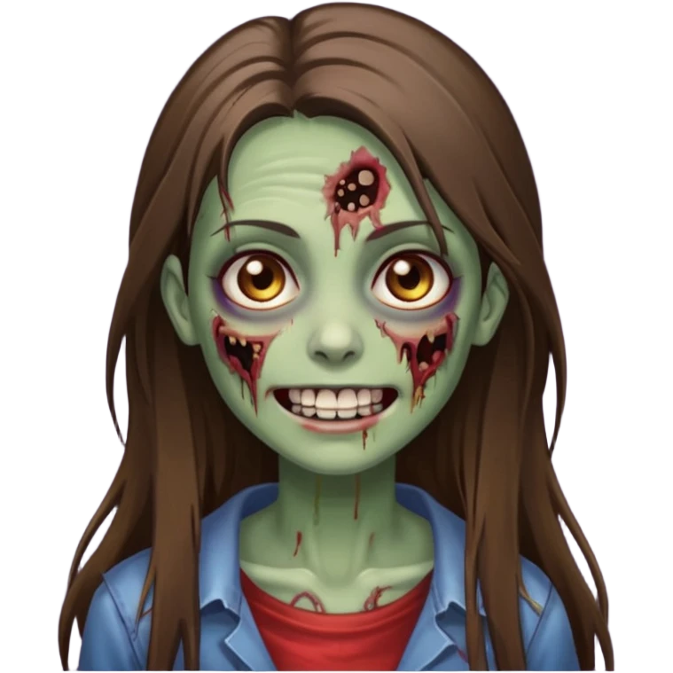 a zumbi girl with long brunette straight hair and light brown eyes, she is happy and beautiful, do it as a icon  emoji