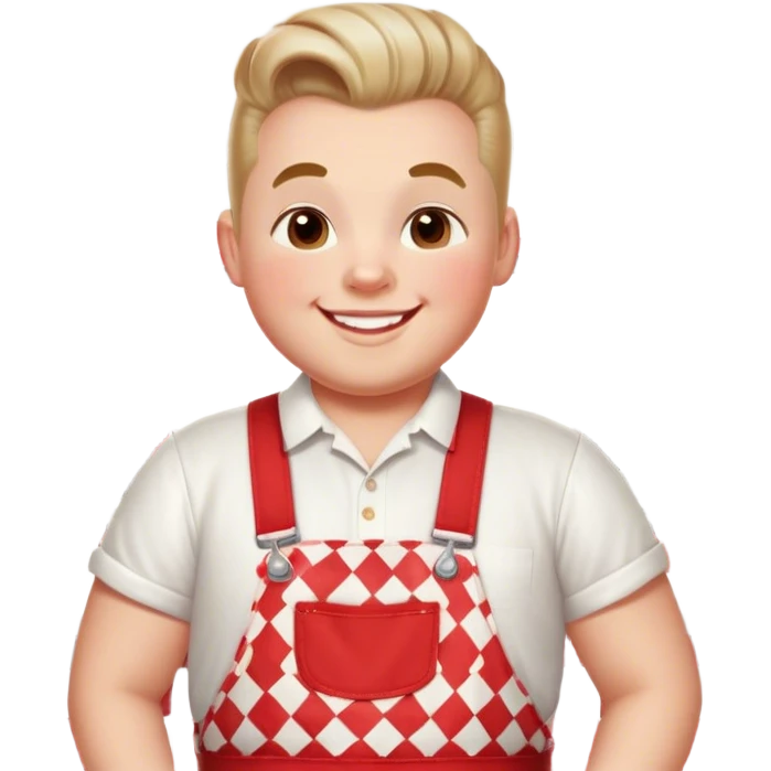 A cheerful, chubby boy with a retro 1950s diner aesthetic, wearing red-and-white checkered overalls and a white t-shirt. He has a playful, confident smile and a classic pompadour hairstyle emoji