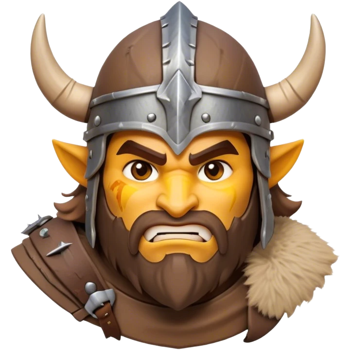 Clash of Clans aesthetic: Cinematic Fierce Barbarian Portrait Emoji, Poised and bold with a rugged yet cartoonish build in tattered furs and a horned helmet, his face rendered in a natural skin tone (not yellow), expressive bright eyes and a confident smirk, Simplified yet dynamic features, highly detailed, glowing with a vivid, adventurous aura, high shine, heroic and spirited, stylized with an air of medieval warrior charm, focused and energetic, soft glowing outline, capturing the essence of a fearless barbarian adventurer ready to lead his clan with spirited valor! emoji