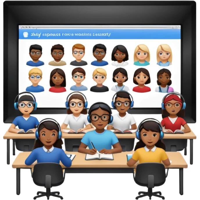 Birdseye view of large study space with students working separately add students wearing Vision Pro headsets emoji