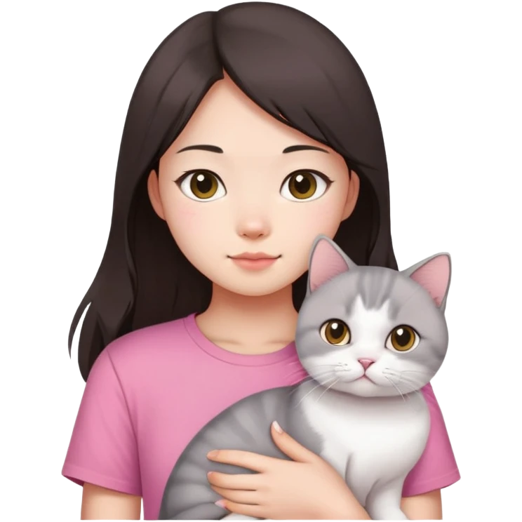 Chinese girl with dark brown half long hair wearing pink t shirt holding a British shorthair white cat  emoji