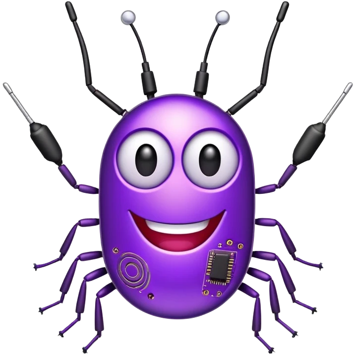 fun purple optiwatt bug with antenna, smiling face, and a tech circuit pattern on its body emoji