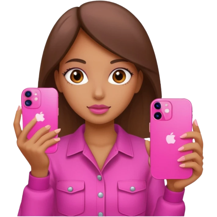 chica "baddie" con un iphone 13 rosa en la mano como sacando foto emoji