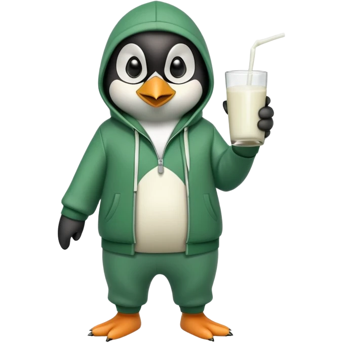 full body portrait of a friendly anthropomorphised penguin wearing a green mafia-style tracksuit, angry, intense brooding posture, holding a glass of milk emoji