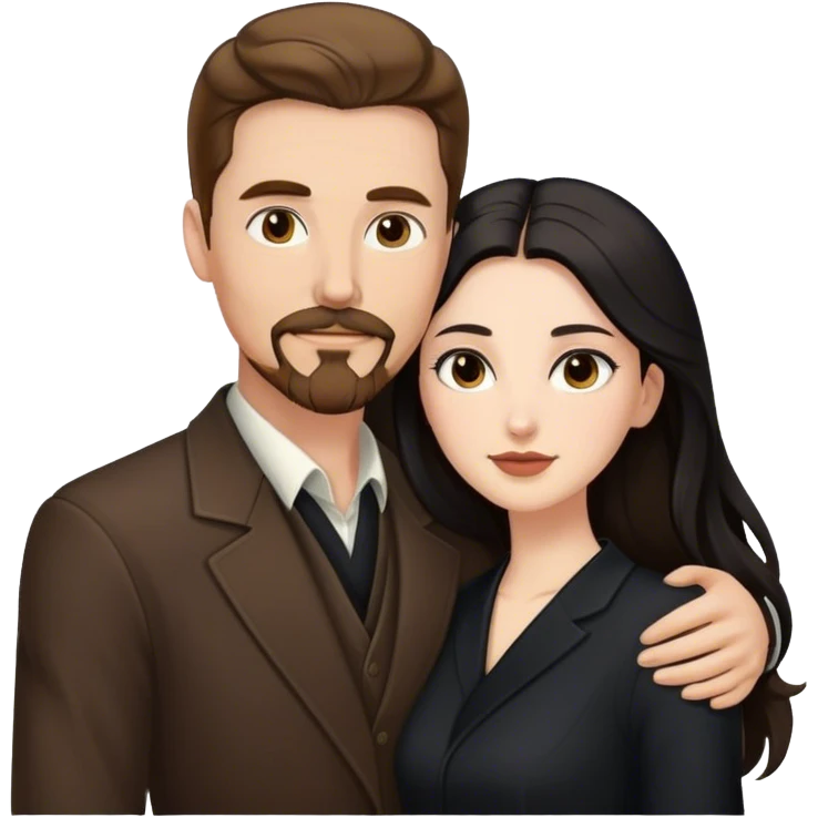 tall white man with brown hair goatee mustache embracing a pale woman with long black hair, wearing elegant clothing, standing portrait emoji