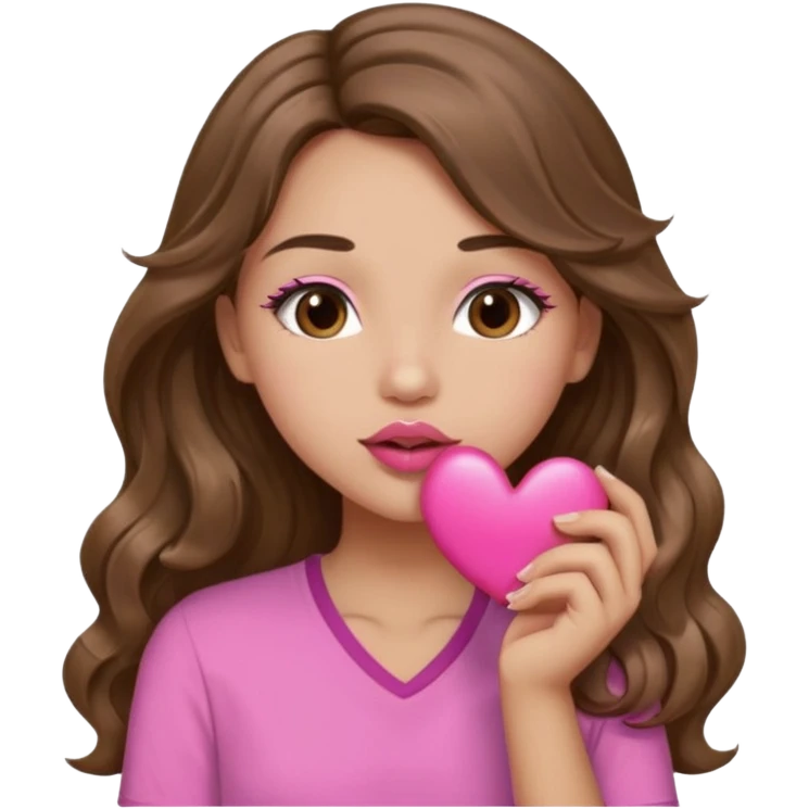 girl with long wavy brown hair, brown eyes, light to medium complexion, in a pink shirt, pink lips, long lashes, puckering up for a kiss, kiss lips and big heart in hand emoji