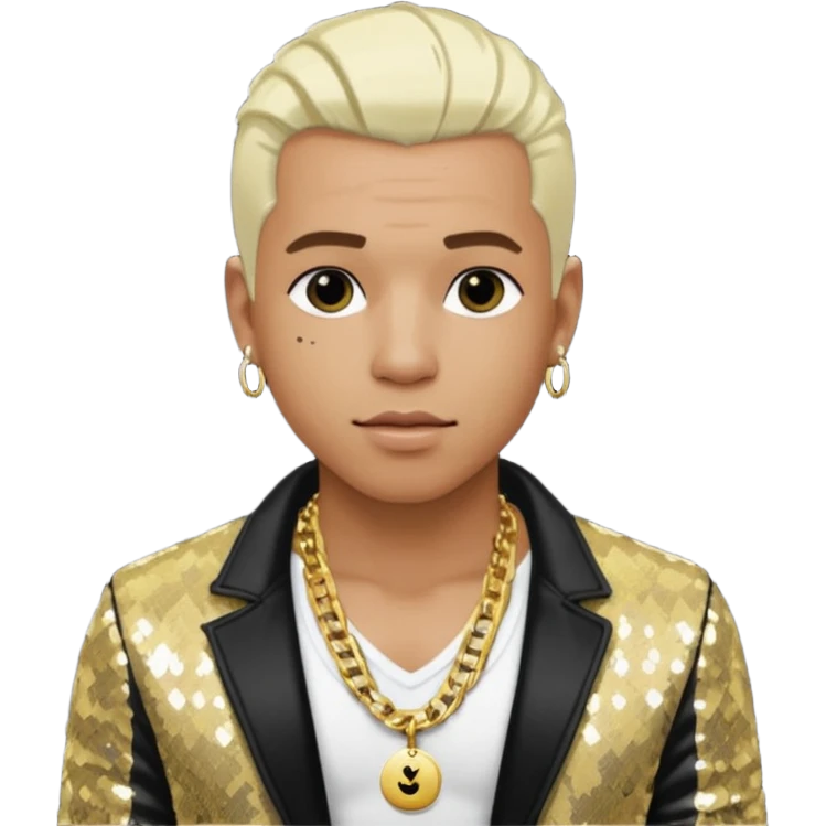 Sisqó with platinum blonde hair, black sequin jacket, shirtless with necklace emoji