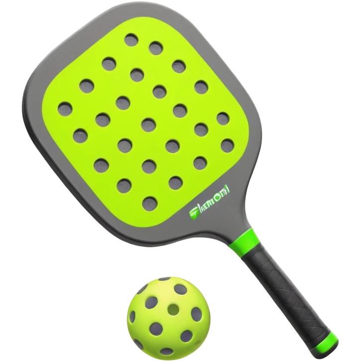Modern Pickleball paddle graphite without holes, dark grey. 1 Pickleball ball beside or on top the paddle florescent green at 45 degrees emoji