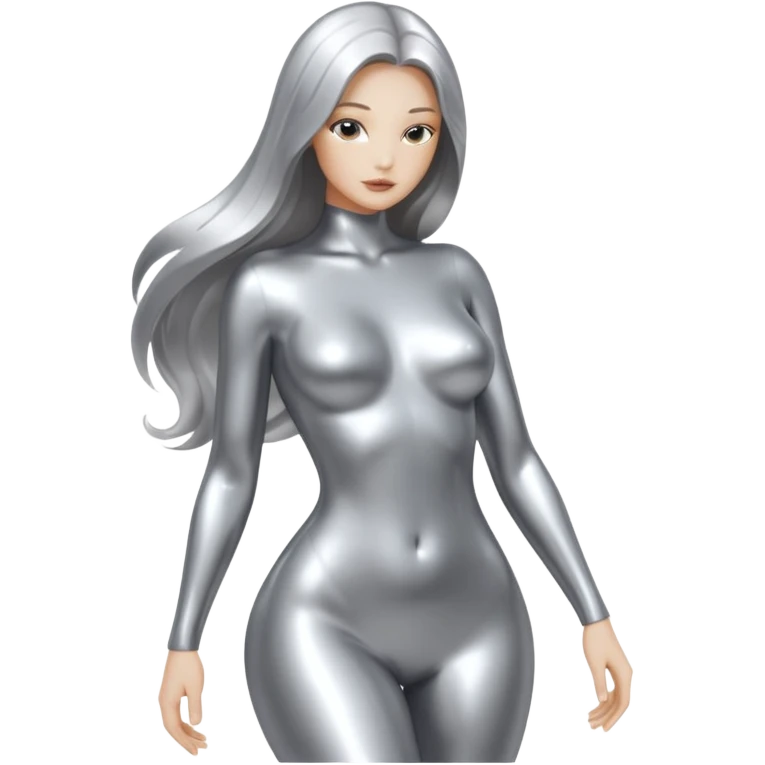 abstract sensual body silhouette, liquid silver chrome, smooth curves,chrome silver long hair, chrome metallic silver emoji