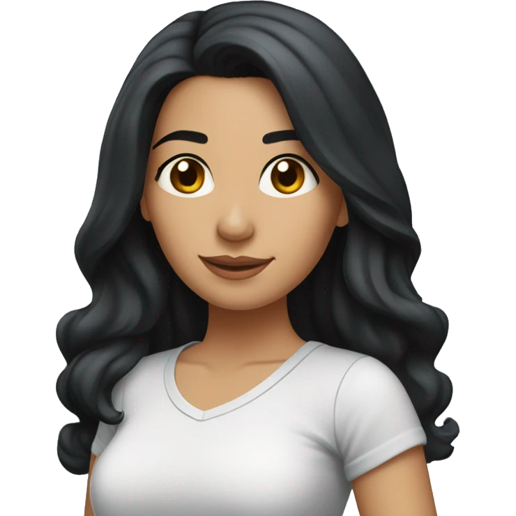 A head and shoulders shot of a 33 year old Hispanic woman, with long black hair,   with brown eyes wearing a t-shirt. emoji