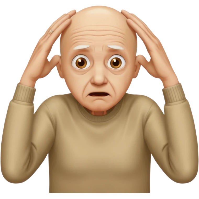 A bald person who’s very old is staring, he’s inside a toilet and his head is upright and looking at the camera with very wide eyes and his hands are putting pressure on his head, very scared expression and he’s twerking emoji