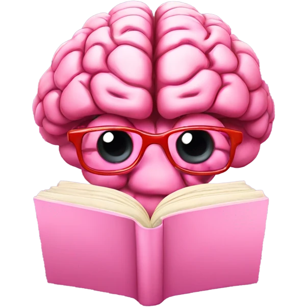 Pink brain with red glasses reading a book emoji