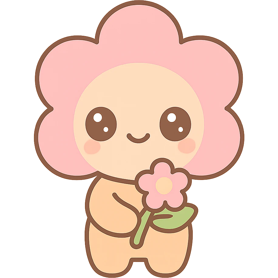 blossom cookie character, holding a flower, kawaii style emoji