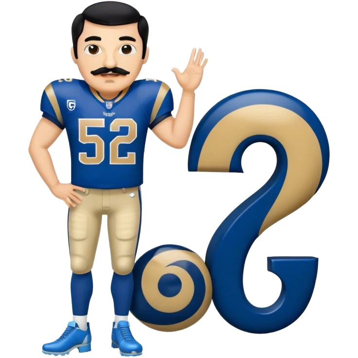 Chill guy in LA Rams jersey  with nu.ber 52. Black hair black mustache. Full body. Blue heels emoji
