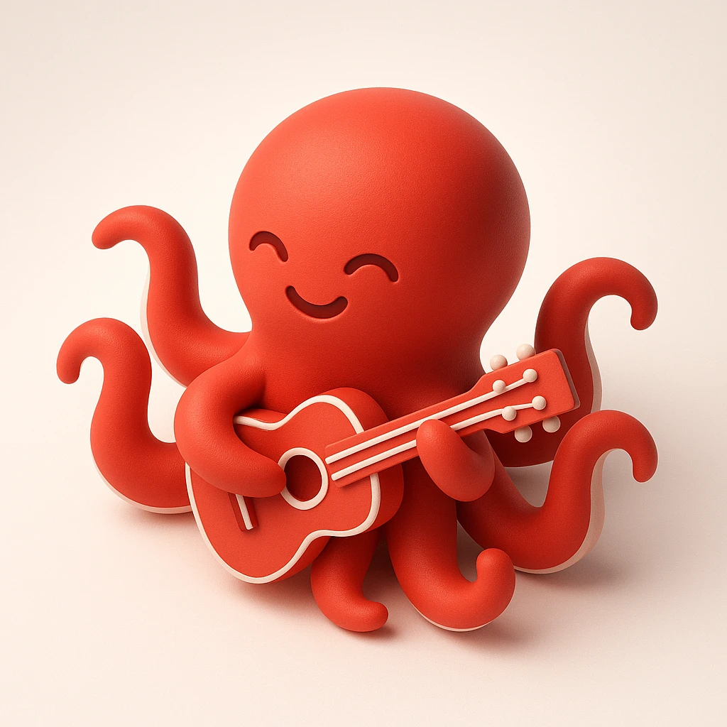 happy octopus with multiple arms playing guitar emoji