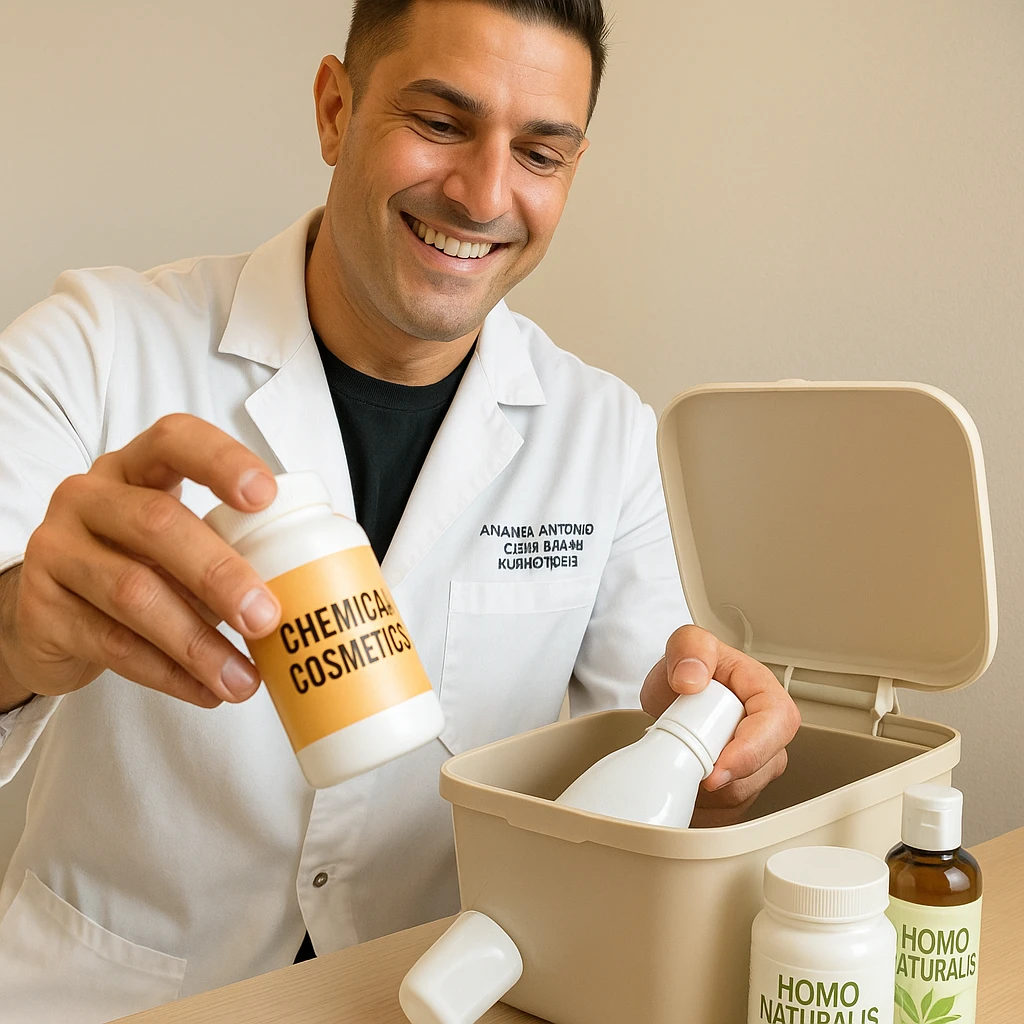 Create a realistic image of a man with the face and appearance of the person in the reference photo, throwing away chemical cosmetic products to use natural products called 'Homo Naturalis'. The natural products should be clearly visible and show the name. The tone should be positive and natural. emoji