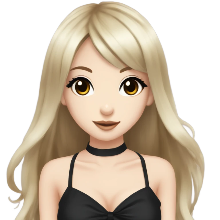 hime gyaru girl with LONG SILKY BLACK HAIR, with black satin halter top with chest, very pale skin and pretty brown monolid eyes emoji