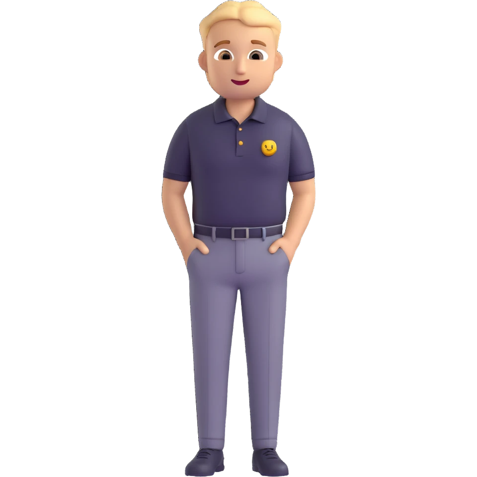 salesman emoji, polo shirt and slacks, relaxed business style, open posture emoji