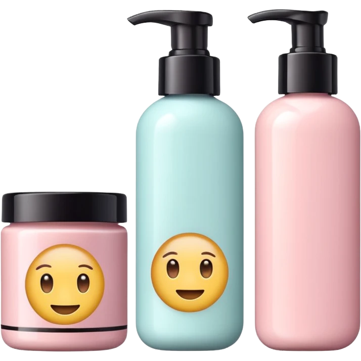 emoji of three different beauty products, with brand labels, minimalistic but luxury design (realistic), pastel colors emoji