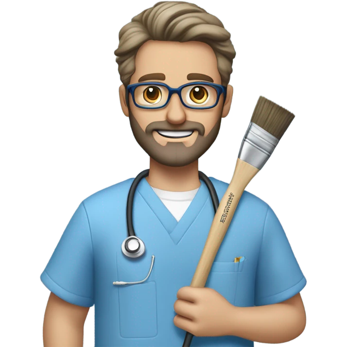 male dark blond haired doctor with grey van dyke beard with hazel eyes and small wire-rimmed glasses in blue scrubs holding a large paintbrush emoji