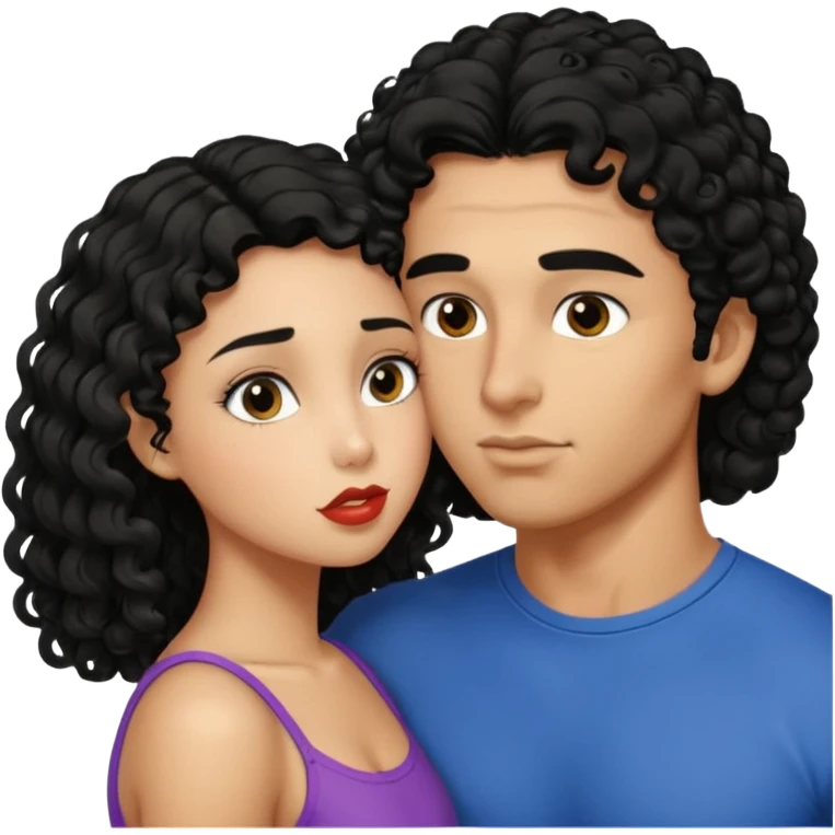 a strong man with straight short black hair kissing a shorter girl with long black curly hair emoji