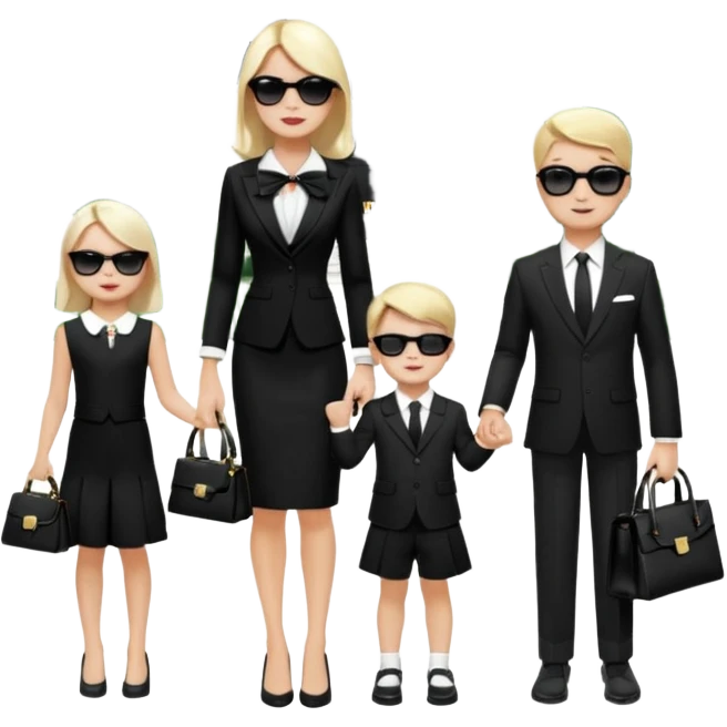 Create a scene of a rich family with Ravza Tulip in a black and white dress with a ribbon at the back holding a Birkin handbag, Justin James in a sharp business suit with sunglasses, standing with their happy children in front of their mansion, showing elegance, wealth, and sophistication. emoji