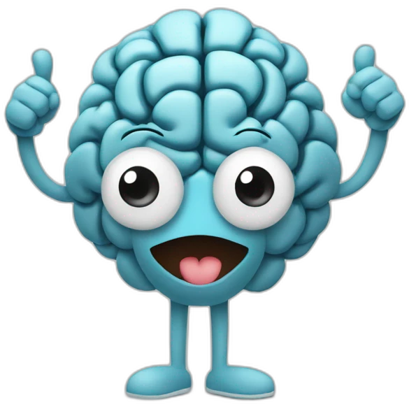 brain had eyes, mouth with smile, hands and legs (looks like human) showing a thumbs up sign. emoji