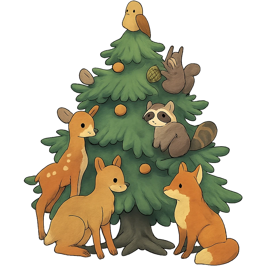 pine tree decorated with woodland critters in ghibli style emoji
