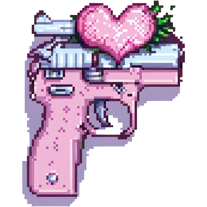 Add sparkling glitter details to the pixel art pink heart pistol, keeping the simple and retro look, with no background. emoji