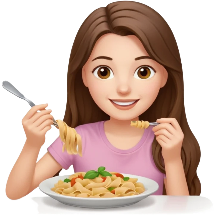 smiling white long brunette hair girl with hazel eyes in light pink with pasta emoji