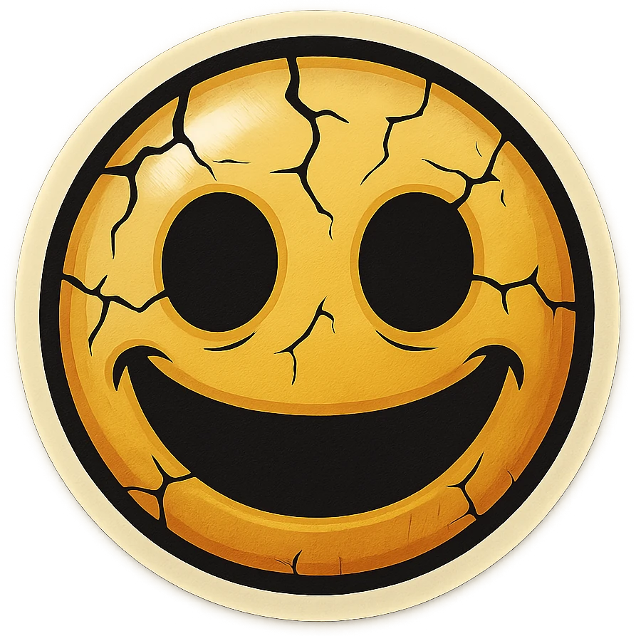 creepy emoji with cracks, empty eyes and wide smile, retro stickers style, sharp black outlines, clear shadows and highlights, no gradients emoji