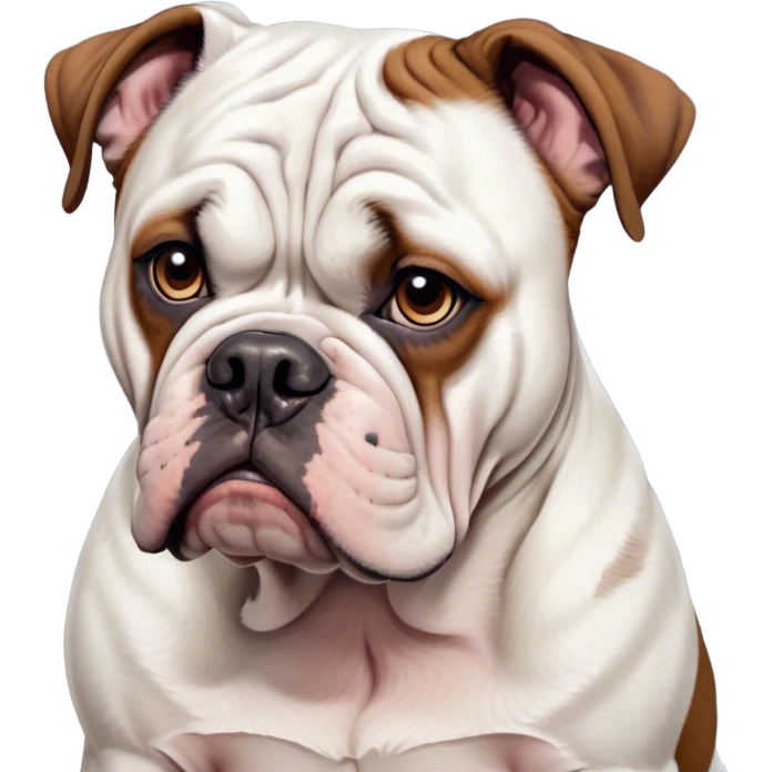 Cinematic Grumpy White and Brown American Bulldog Portrait Emoji, Head tilted slightly with a deeply unimpressed expression, thick white fur with dark brown patches and a furrowed brow, large, droopy eyes narrowed into an unamused glare, jowls slightly sagging in exasperation, Simplified yet comically expressive features, highly detailed, glowing with a dry, sarcastic glow, high shine, effortlessly judgmental yet dignified, stylized with a touch of cynicism, bright but brooding, soft glowing outline, capturing the essence of an eternally unimpressed yet endearing pup, so lifelike it feels like it could sigh heavily at you in disdain at any moment! emoji