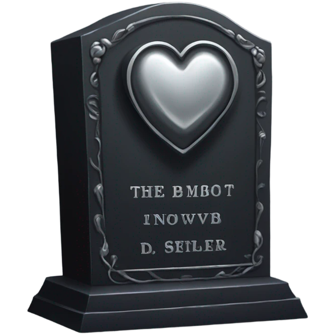 a black tombstone with the inscriptions in silver RIP and a silver heart in the center emoji