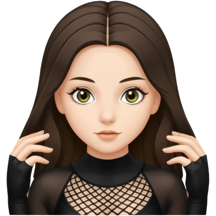 pretty white brunette teen long hair with hazel eyes in a black leotard and fishnets in an arabesque emoji